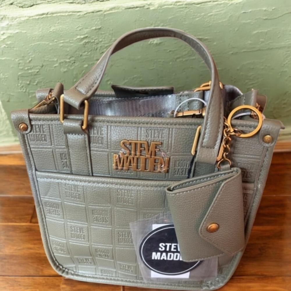 STEVE MADDEN NWT 4fer Olive Green Satchel & Crossbody Tote +2 Pouches & Wallet - Picture 2 of 8